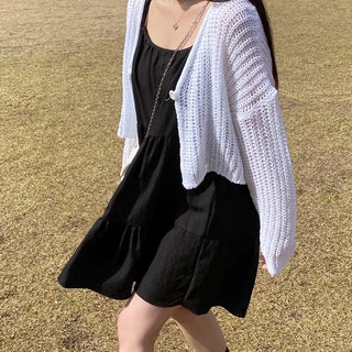 V-neck knit sheer boucle cropped cardigan