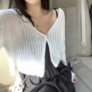 V-neck knit sheer boucle cropped cardigan