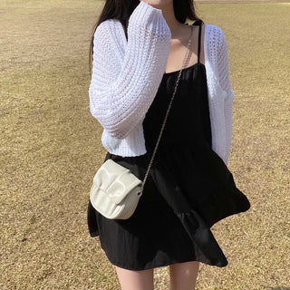 V-neck knit sheer boucle cropped cardigan