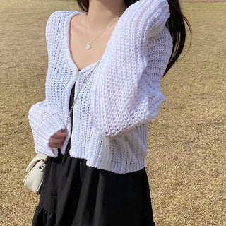 V-neck knit sheer boucle cropped cardigan