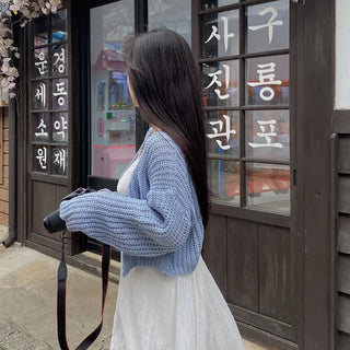 V-neck knit sheer boucle cropped cardigan