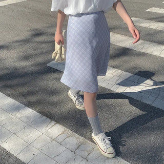 Flared check elastic midi skirt