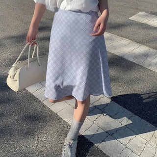 Flared check elastic midi skirt