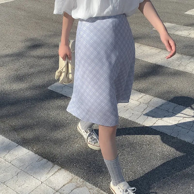 Flared check elastic midi skirt