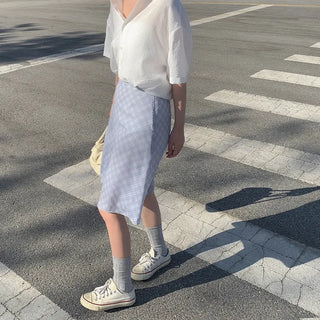 Flared check elastic midi skirt