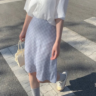 Flared check elastic midi skirt