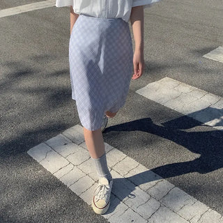 Flared check elastic midi skirt