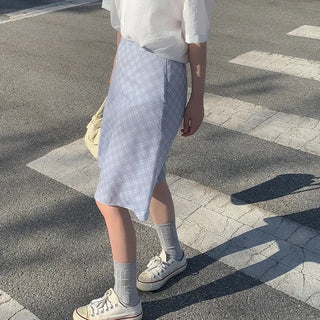 Flared check elastic midi skirt