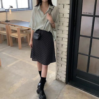 Flared check elastic midi skirt