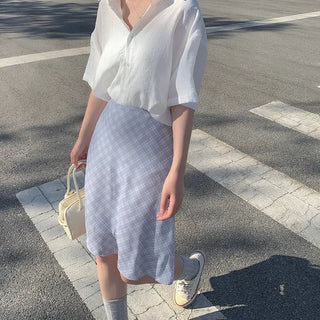 Flared check elastic midi skirt