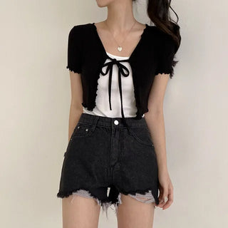 Cut-out denim pocket shorts