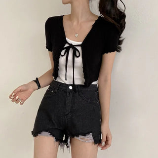 Cut-out denim pocket shorts