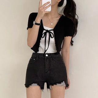 Cut-out denim pocket shorts