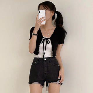 Cut-out denim pocket shorts