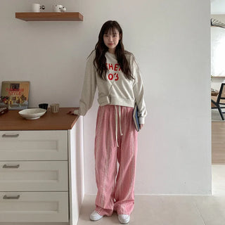 Wide check elastic waist pants