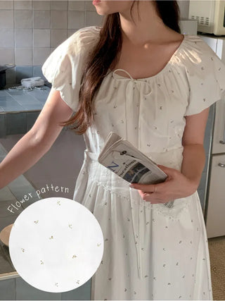 Flower Off-Shoulder Puff Long Dress