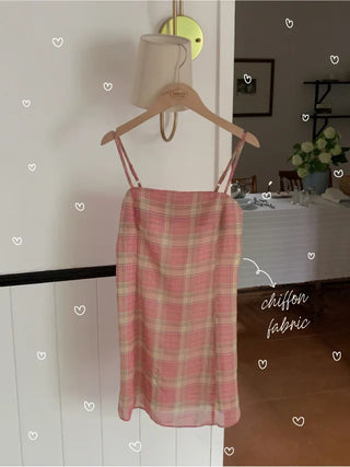Checked floral chiffon bustier dress