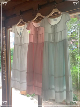 Ribbon Shirring Puff Summer Short Sleeve Long Dress