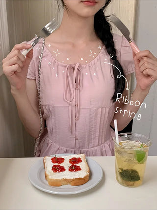 Ribbon Shirring Puff Summer Short Sleeve Long Dress