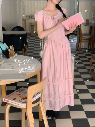 Ribbon Shirring Puff Summer Short Sleeve Long Dress