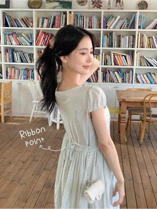 Ribbon Shirring Puff Summer Short Sleeve Long Dress
