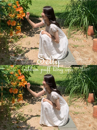 Ribbon Shirring Puff Summer Short Sleeve Long Dress