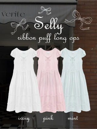 Ribbon Shirring Puff Summer Short Sleeve Long Dress