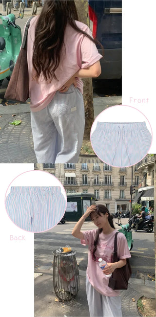 Seersucker striped elastic waist pants