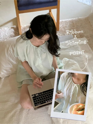 Ribbon Stripe Border Check Pajama Set