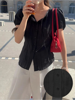 Ribbon puff short-sleeved blouse