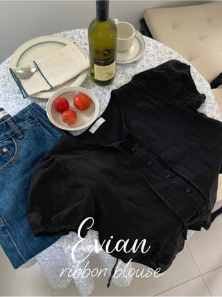 Ribbon puff short-sleeved blouse