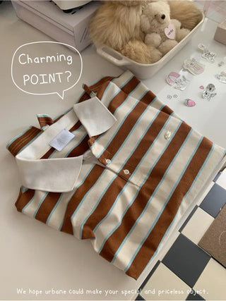 Striped oversized short-sleeved rugby shirt