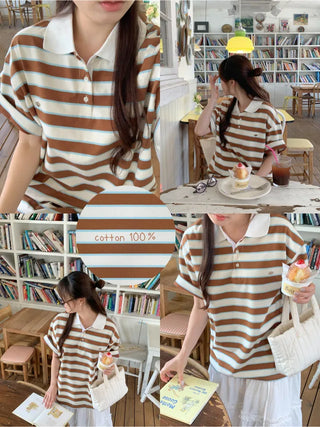 Striped oversized short-sleeved rugby shirt