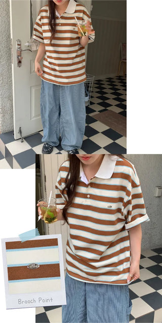 Striped oversized short-sleeved rugby shirt