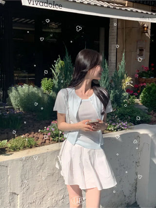 [set] Eyelet punching sleeveless short-sleeved cardigan set