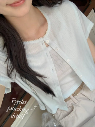 [set] Eyelet punching sleeveless short-sleeved cardigan set