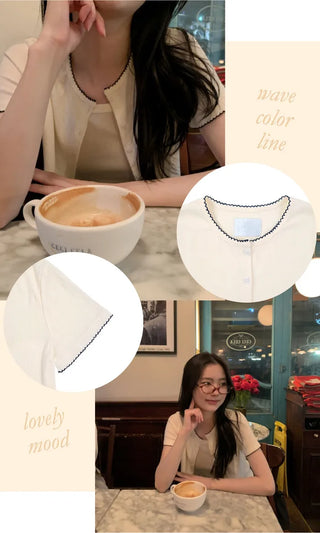 [set] Eyelet punching sleeveless short-sleeved cardigan set