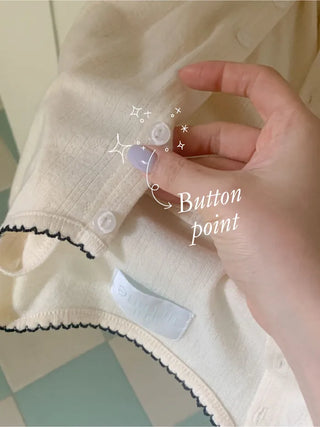 [set] Eyelet punching sleeveless short-sleeved cardigan set