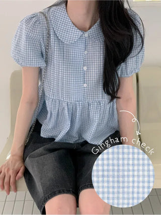 Checkered color frill short-sleeved blouse