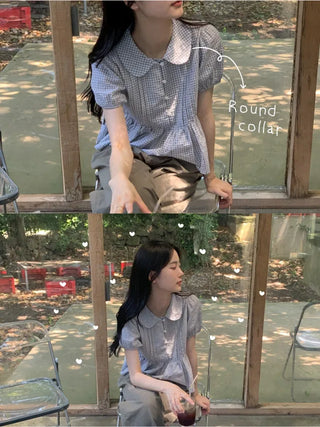 Checkered color frill short-sleeved blouse