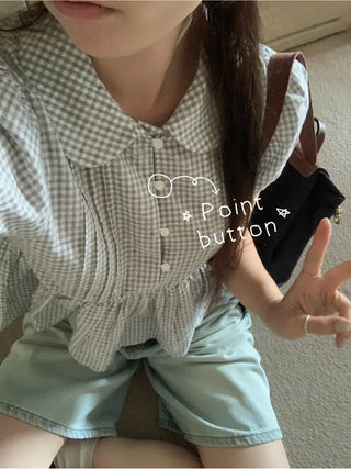 Checkered color frill short-sleeved blouse