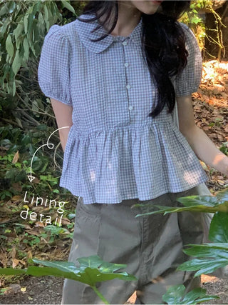 Checkered color frill short-sleeved blouse