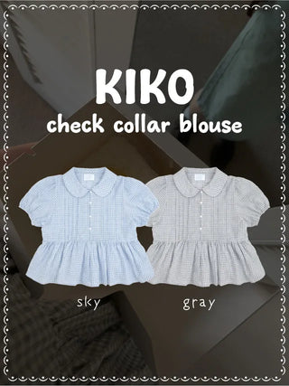 Checkered color frill short-sleeved blouse