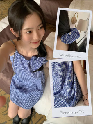 Scrunchie Set Check Ribbon Camisole Dress