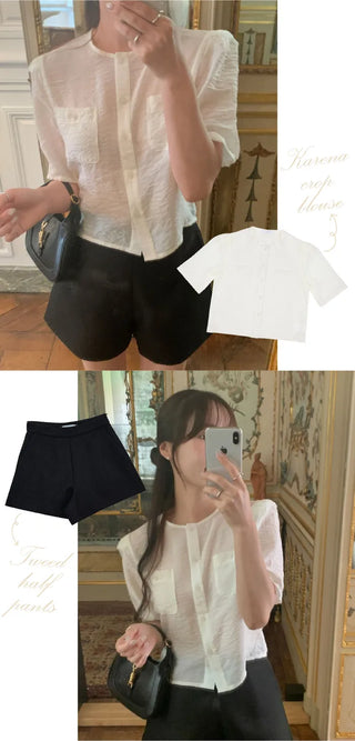 Organza cropped short-sleeved blouse