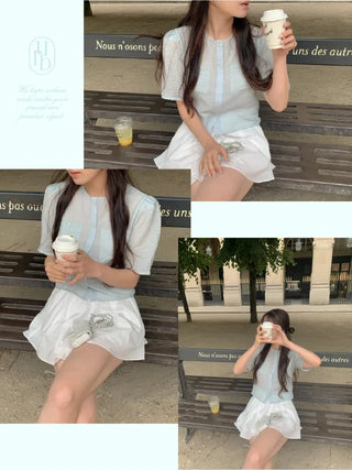 Organza cropped short-sleeved blouse