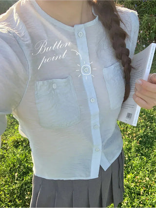 Organza cropped short-sleeved blouse