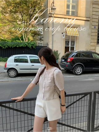 Organza cropped short-sleeved blouse
