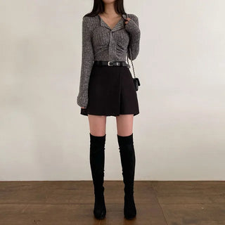 A-line elastic asymmetrical belt mini skirt panties