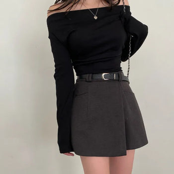 A-line elastic asymmetrical belt mini skirt panties